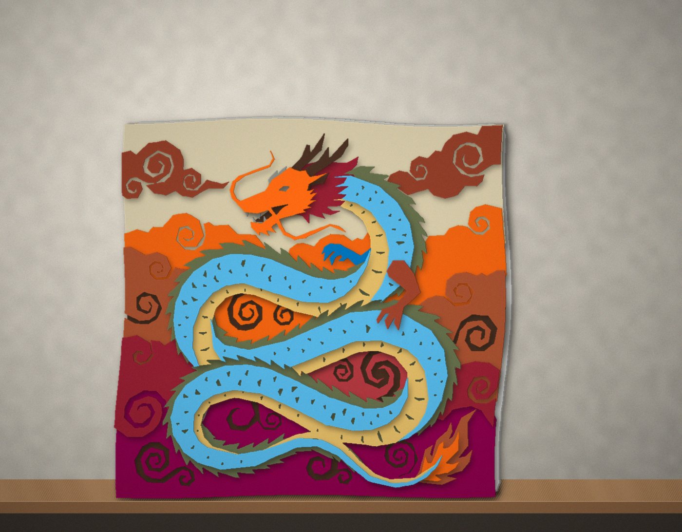 The finished Coiled Dragon standing on a shelf